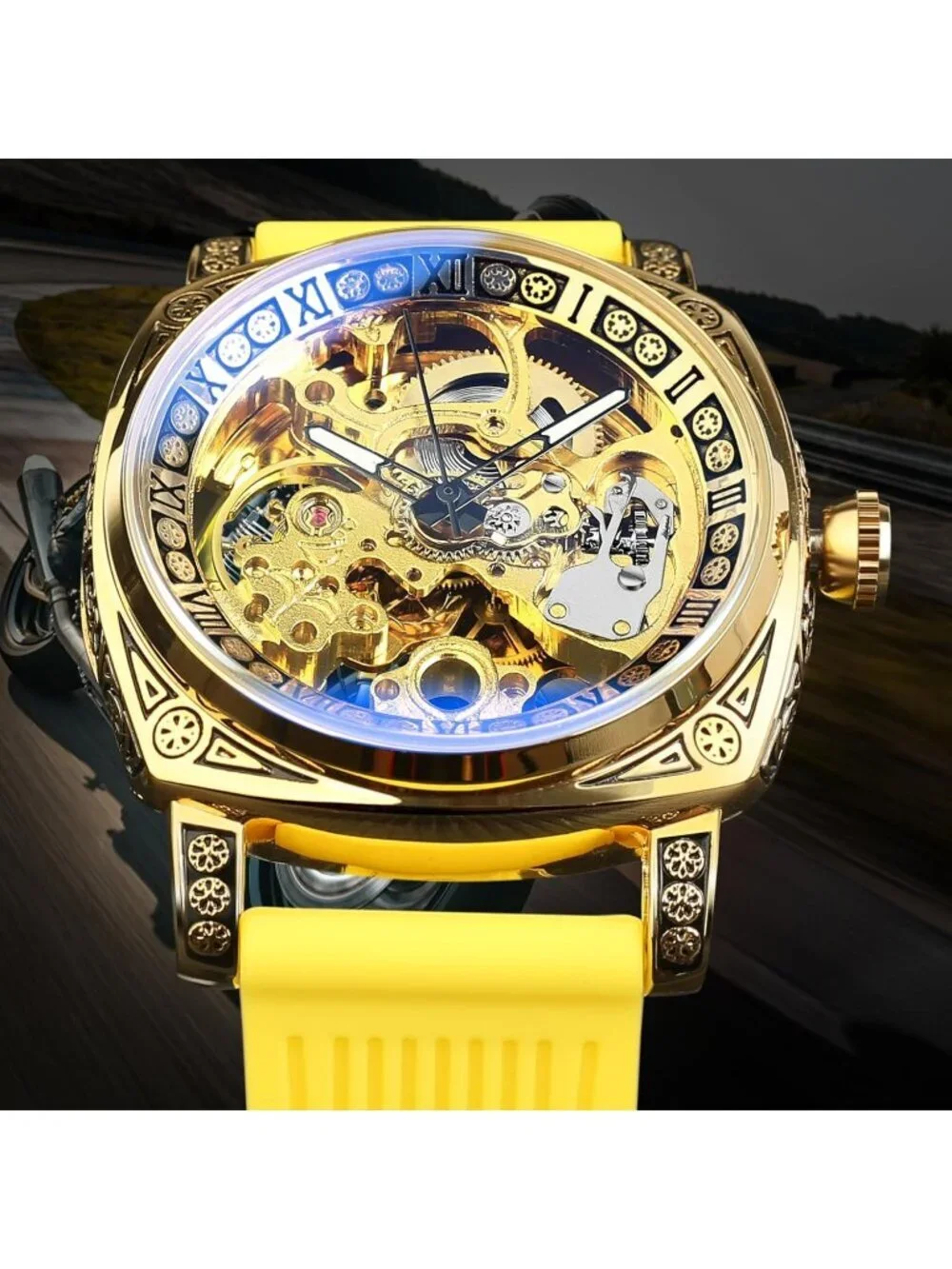 Men's Yellow Square Mechanical Rubber Strap Self-Wind Carved Automatic Watch